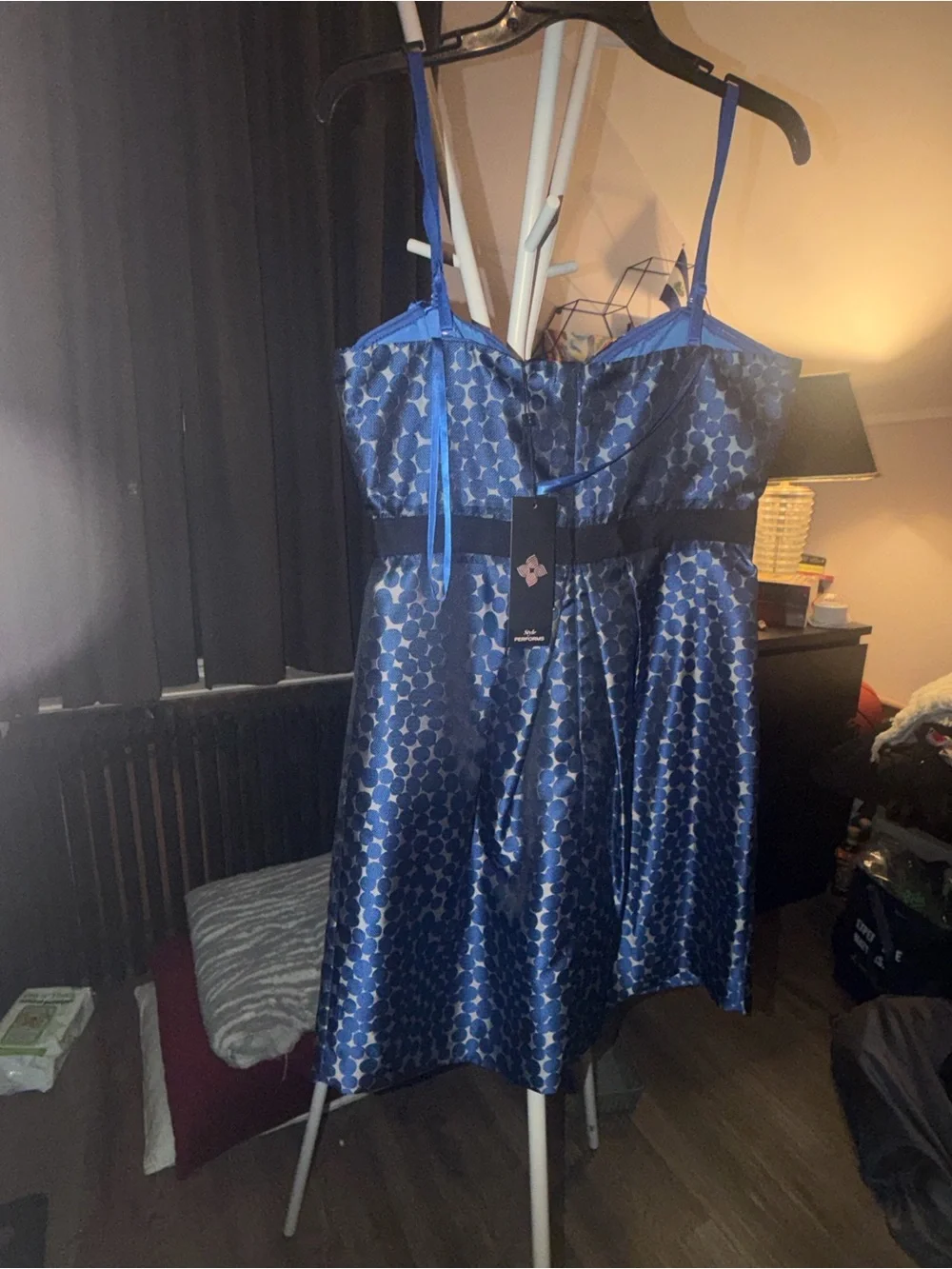 BCBGMaxAzria Blue Strapless Jacquard Party Dress with Black Waistband